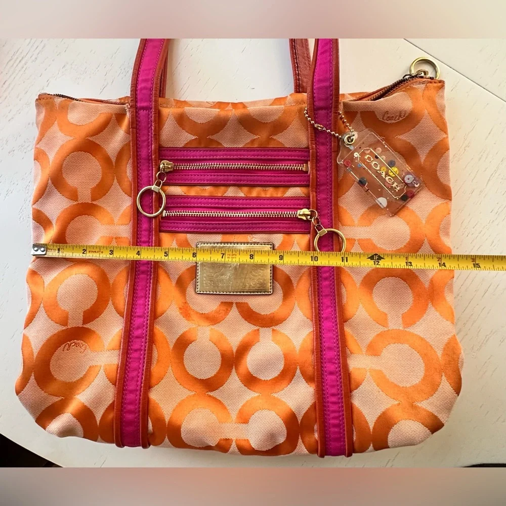 Coach Poppy OP Art Signature Jacquard Leather Orange/pink Tote Shoulder Bag - Picture 14 of 16